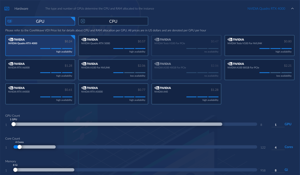 Screenshot of the Virtual Server hardware configuration menu